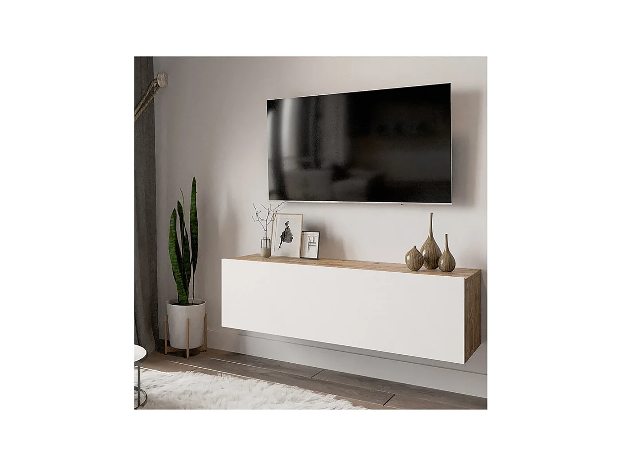 Mueble TV Moderno con Puerta en Melamina Color Blanco y Cambria 100x31.5x29.6cm - Diseño Elegante para Salón.
