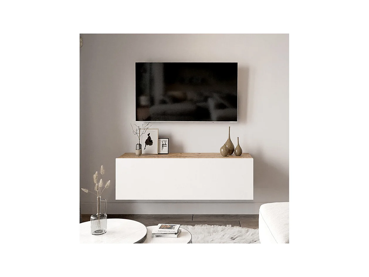 Mueble TV Moderno con Puerta en Melamina Color Blanco y Cambria 100x31.5x29.6cm - Diseño Elegante para Salón.