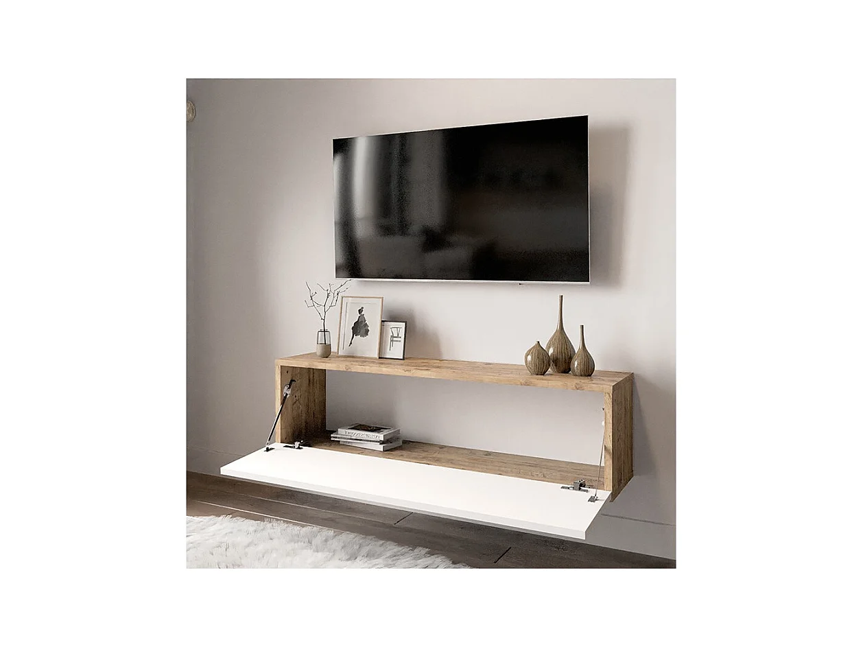 Mueble TV Moderno con Puerta en Melamina Color Blanco y Cambria 100x31.5x29.6cm - Diseño Elegante para Salón.