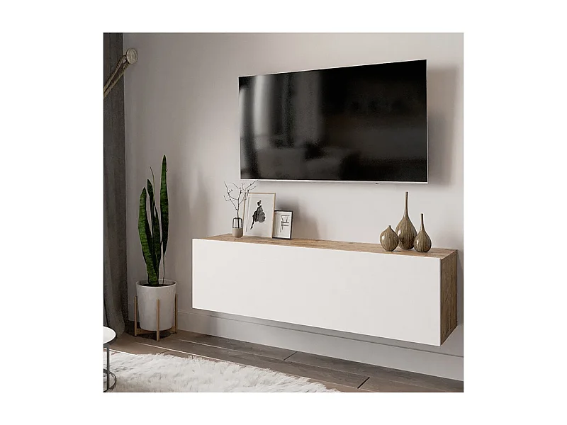 Mueble TV Moderno con Puerta en Melamina Color Blanco y Cambria 100x31.5x29.6cm - Diseño Elegante para Salón.