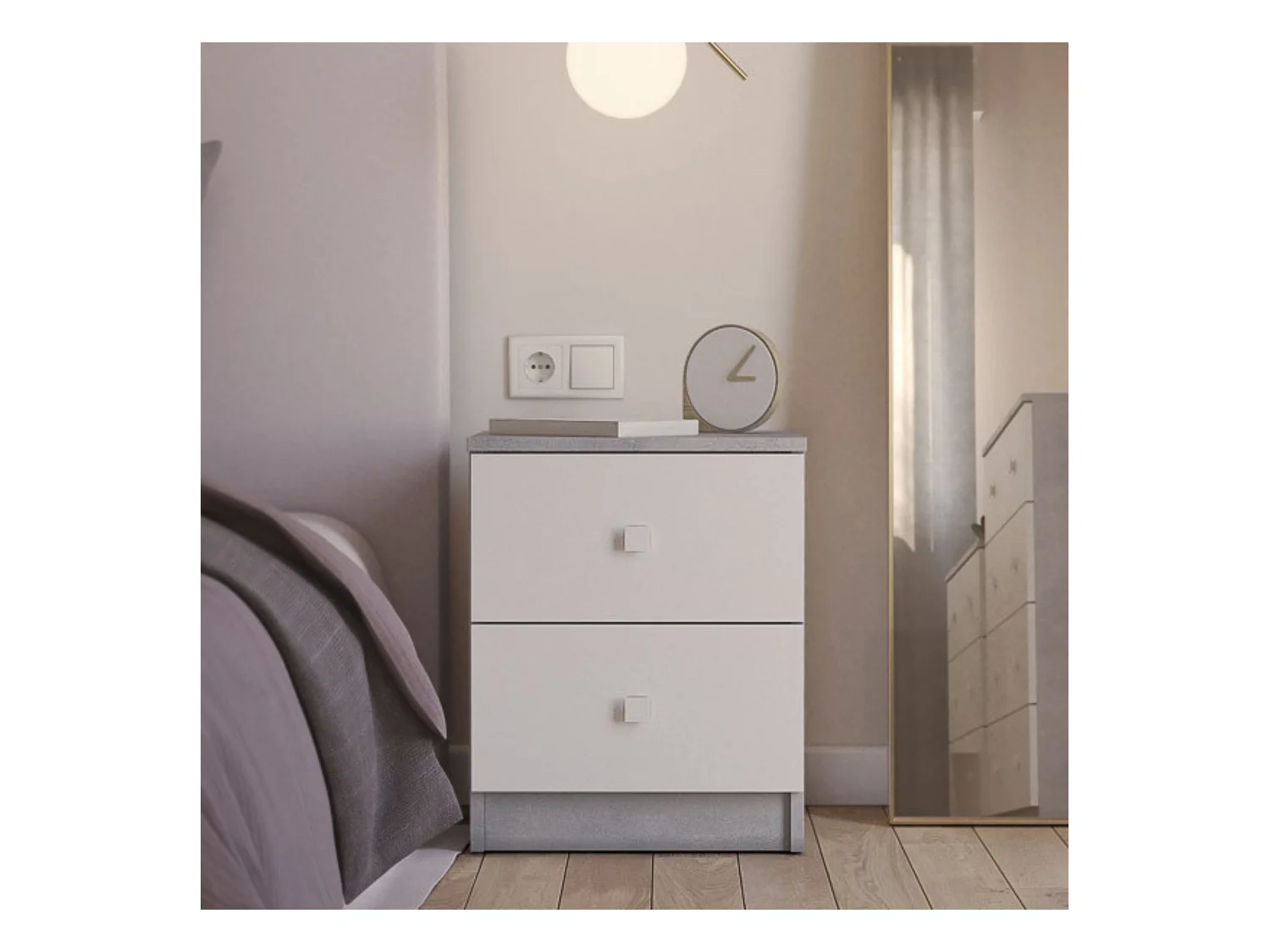 Mesita de Noche Moderna Mesilla de Noche con 2 Cajones Mesita Auxiliar para Dormitorio 49,6x40x35cm Color Cemento y Blanco