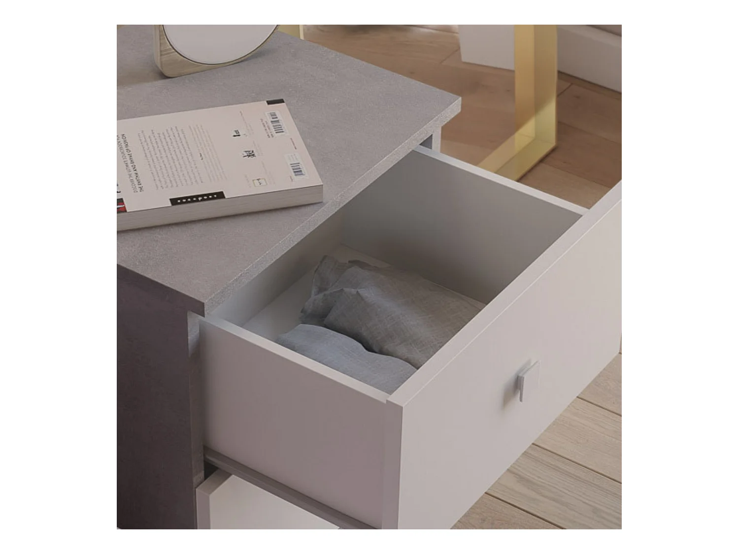 Mesita de Noche Moderna Mesilla de Noche con 2 Cajones Mesita Auxiliar para Dormitorio 49,6x40x35cm Color Cemento y Blanco