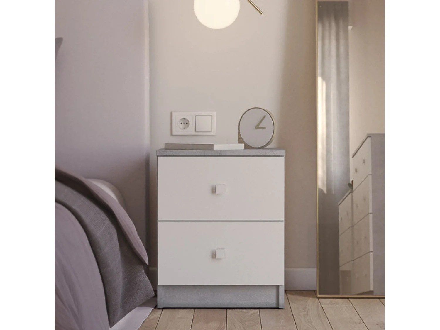 Mesita de Noche Moderna Mesilla de Noche con 2 Cajones Mesita Auxiliar para Dormitorio 49,6x40x35cm Color Cemento y Blanco