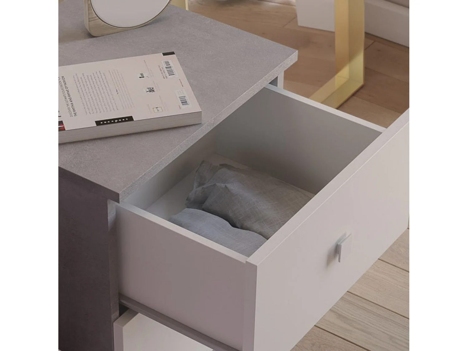 Mesita de Noche Moderna Mesilla de Noche con 2 Cajones Mesita Auxiliar para Dormitorio 49,6x40x35cm Color Cemento y Blanco