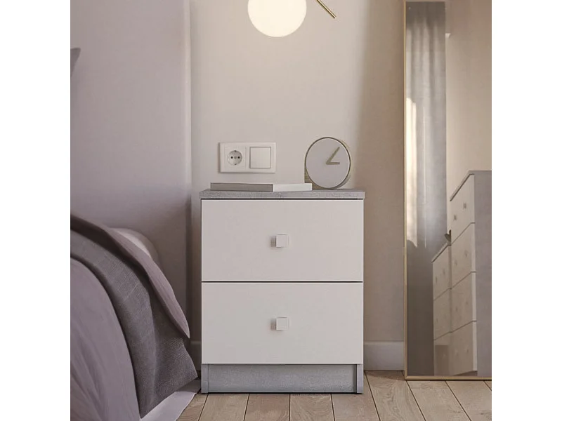 Mesita de Noche Moderna Mesilla de Noche con 2 Cajones Mesita Auxiliar para Dormitorio 49,6x40x35cm Color Cemento y Blanco