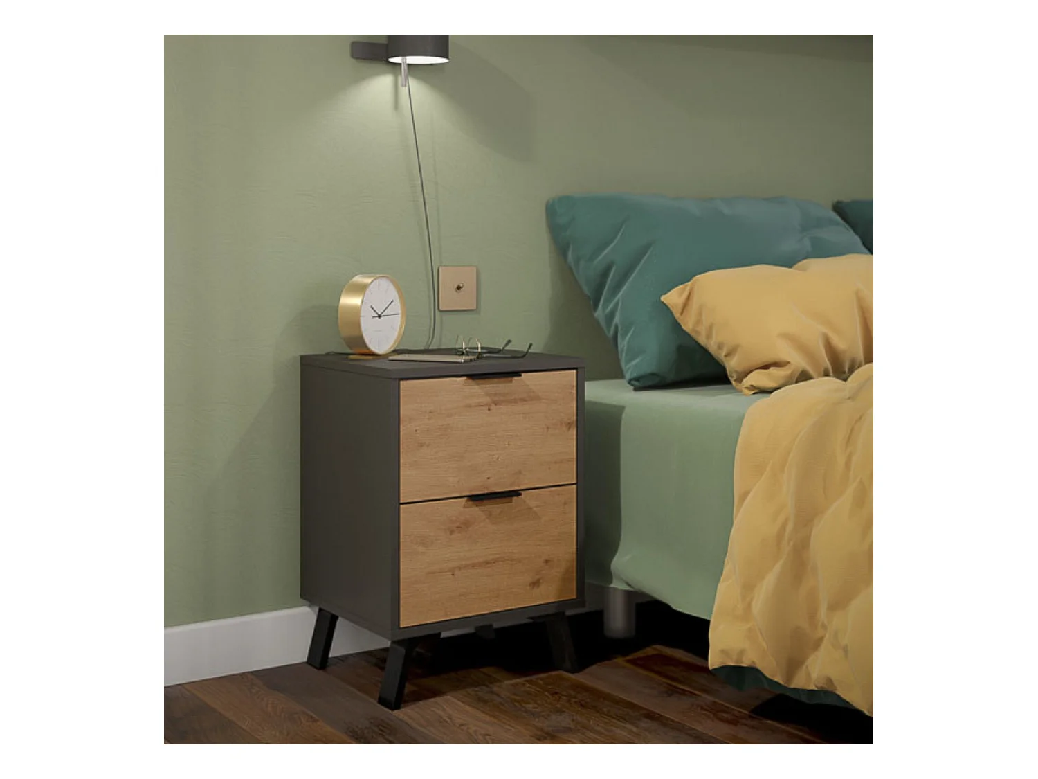 Mesita de noche 2 cajones Moderna acabado Gris/roble 56.5cm(alto) 40cm(ancho) 35cm(fondo)