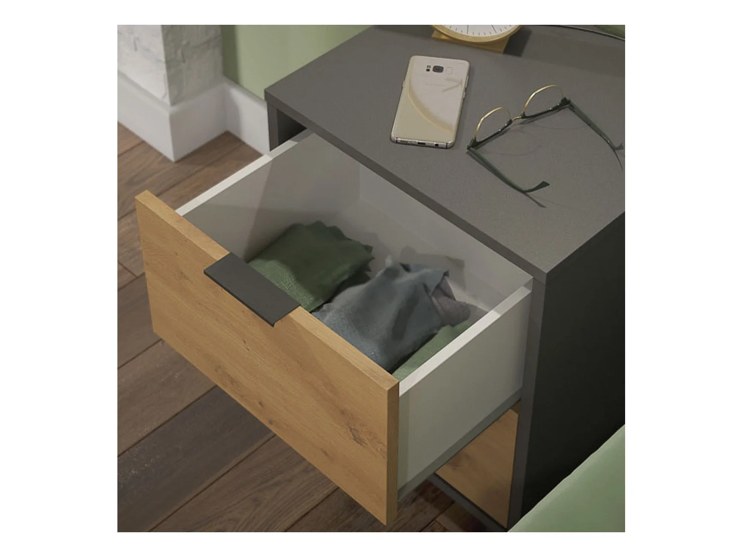 Mesita de noche 2 cajones Moderna acabado Gris/roble 56.5cm(alto) 40cm(ancho) 35cm(fondo)