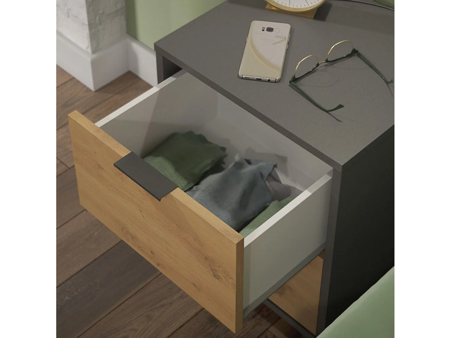 Mesita de noche 2 cajones Moderna acabado Gris/roble 56.5cm(alto) 40cm(ancho) 35cm(fondo)