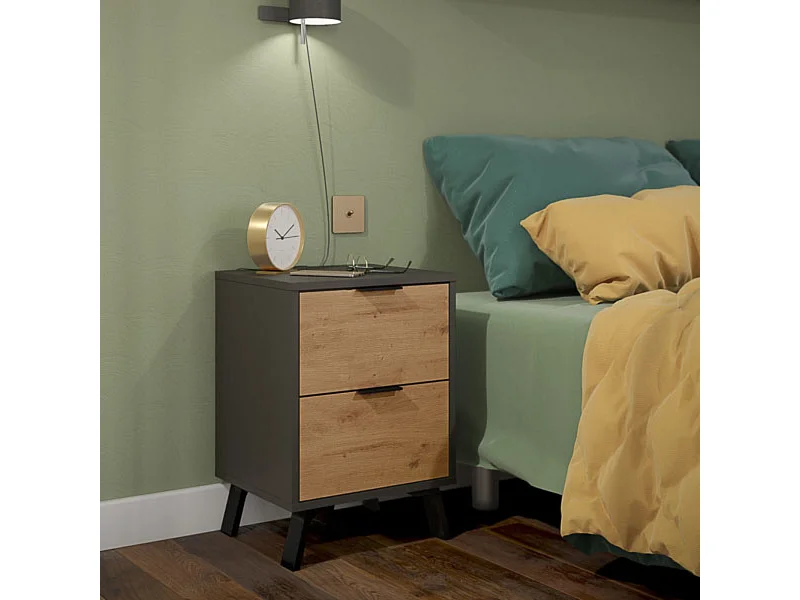 Mesita de noche 2 cajones Moderna acabado Gris/roble 56.5cm(alto) 40cm(ancho) 35cm(fondo)
