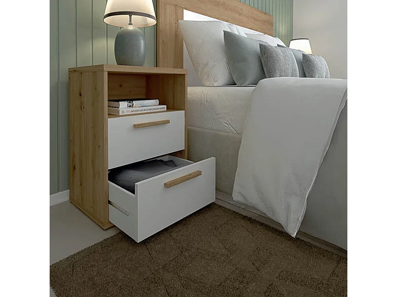 Mesita de Noche 2 cajones y 1 Estante, Mesilla de Noche,Color Blanco y roble, Medidas: 48 cm (Anc) x 33,6 cm (Fon) x 64 cm (Al)