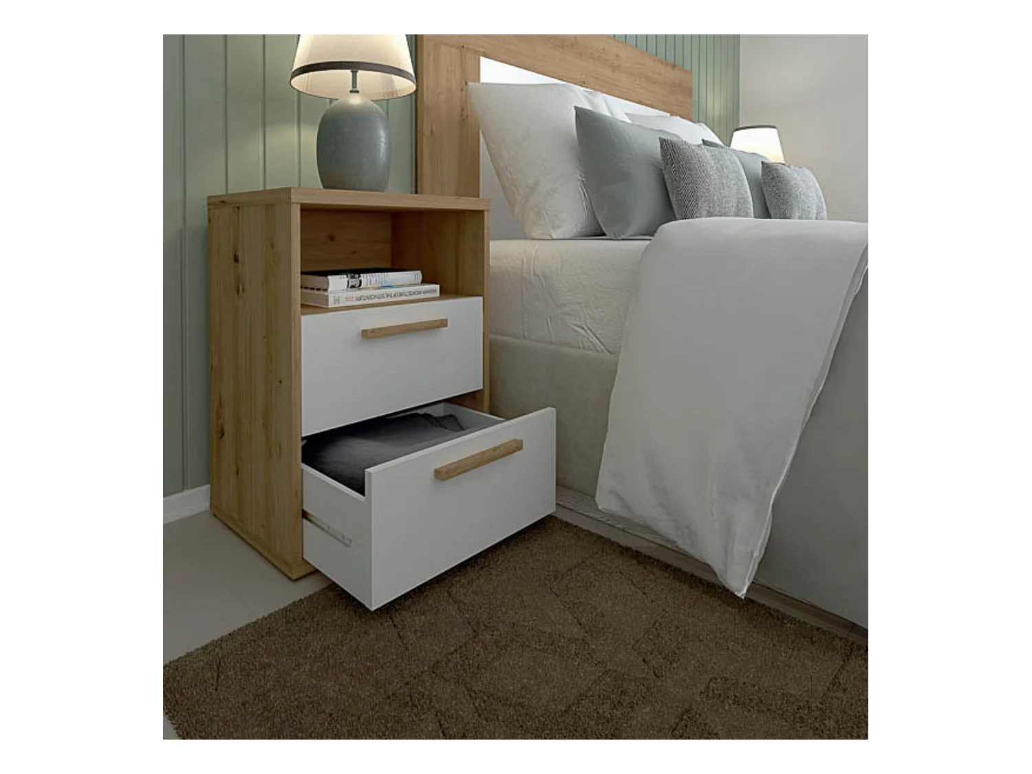 Mesita de Noche 2 cajones y 1 Estante, Mesilla de Noche,Color Blanco y roble, Medidas: 48 cm (Anc) x 33,6 cm (Fon) x 64 cm (Al)