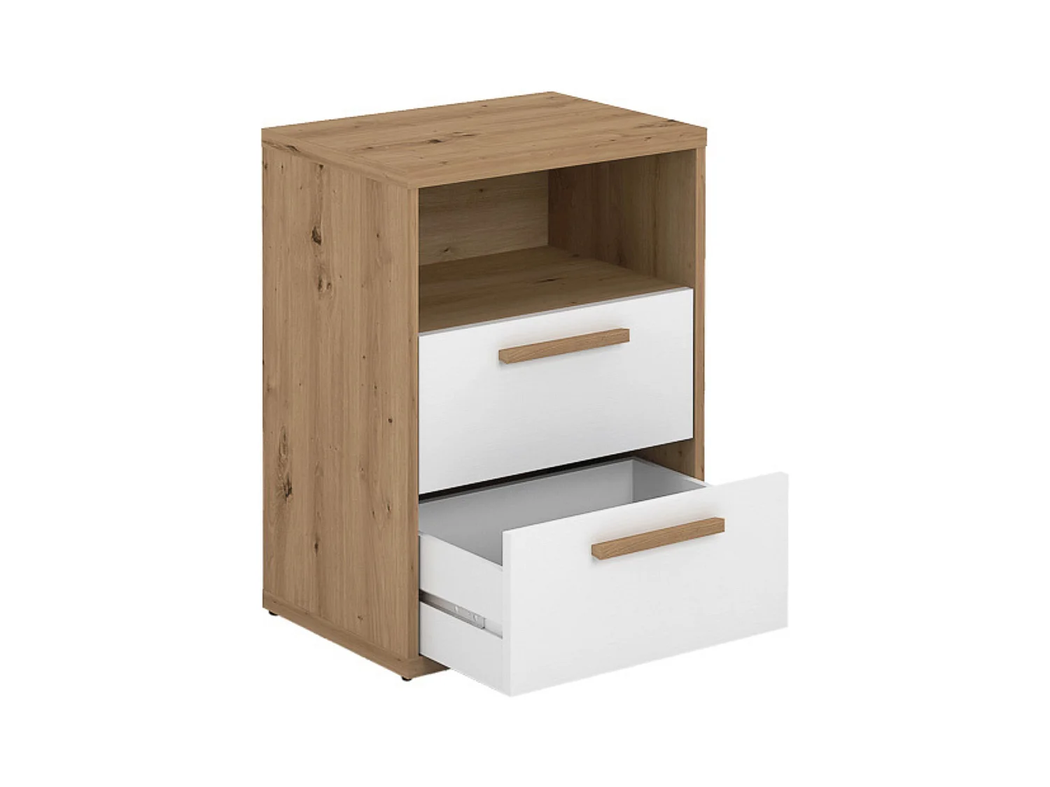 Mesita de Noche 2 cajones y 1 Estante, Mesilla de Noche,Color Blanco y roble, Medidas: 48 cm (Anc) x 33,6 cm (Fon) x 64 cm (Al)