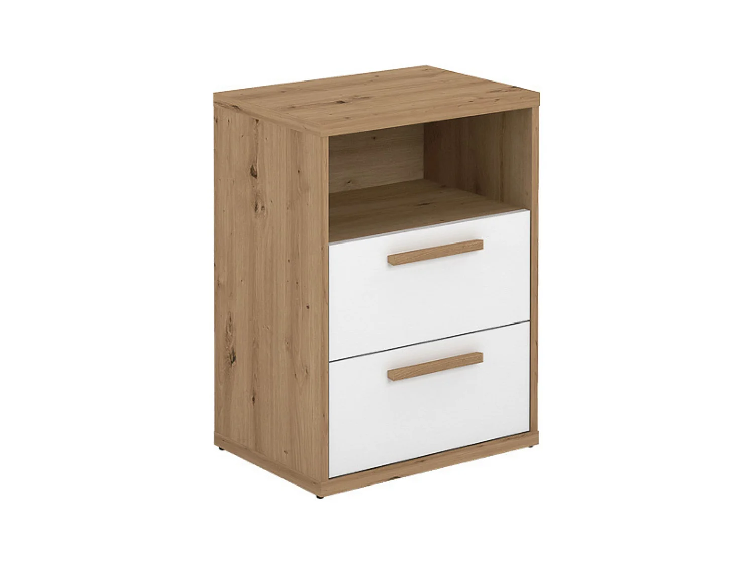 Mesita de Noche 2 cajones y 1 Estante, Mesilla de Noche,Color Blanco y roble, Medidas: 48 cm (Anc) x 33,6 cm (Fon) x 64 cm (Al)