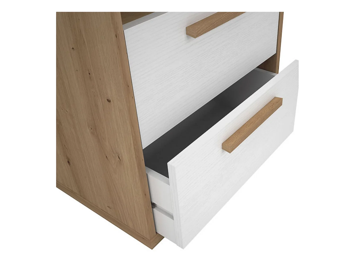 Mesita de Noche 2 cajones y 1 Estante, Mesilla de Noche,Color Blanco y roble, Medidas: 48 cm (Anc) x 33,6 cm (Fon) x 64 cm (Al)