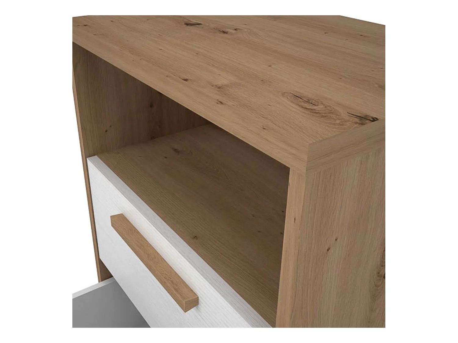 Mesita de Noche 2 cajones y 1 Estante, Mesilla de Noche,Color Blanco y roble, Medidas: 48 cm (Anc) x 33,6 cm (Fon) x 64 cm (Al)