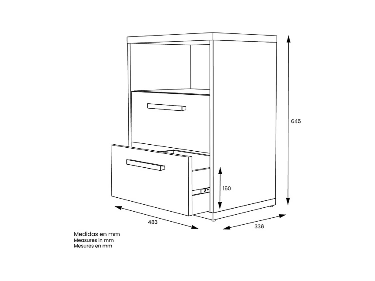 Mesita de Noche 2 cajones y 1 Estante, Mesilla de Noche,Color Blanco y roble, Medidas: 48 cm (Anc) x 33,6 cm (Fon) x 64 cm (Al)