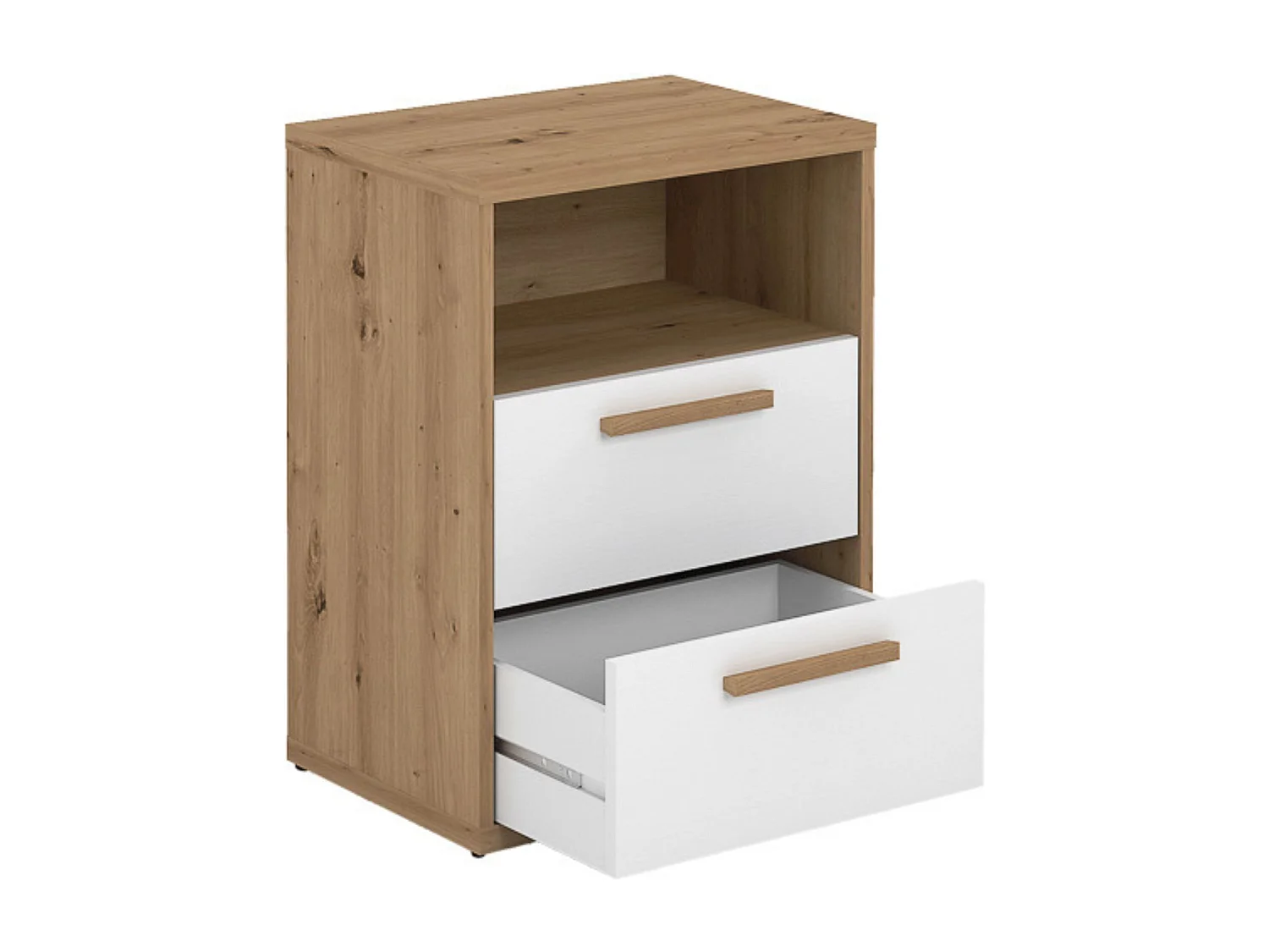 Mesita de Noche 2 cajones y 1 Estante, Mesilla de Noche,Color Blanco y roble, Medidas: 48 cm (Anc) x 33,6 cm (Fon) x 64 cm (Al)