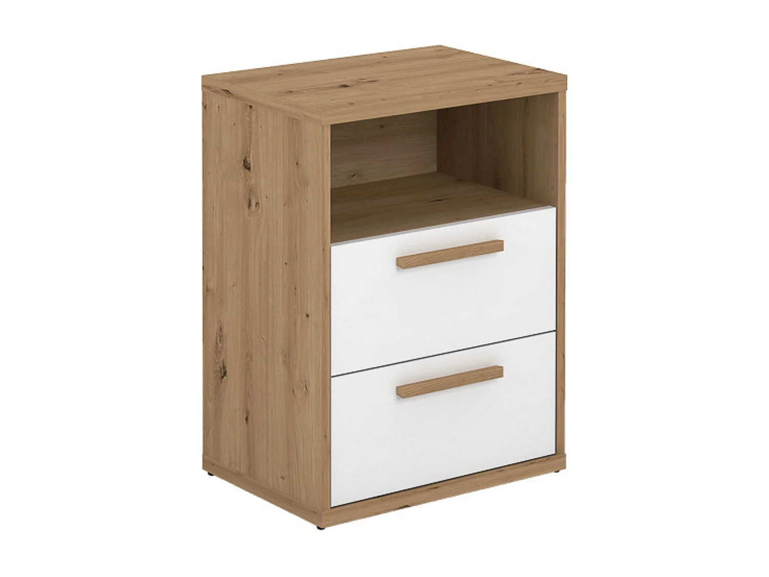 Mesita de Noche 2 cajones y 1 Estante, Mesilla de Noche,Color Blanco y roble, Medidas: 48 cm (Anc) x 33,6 cm (Fon) x 64 cm (Al)