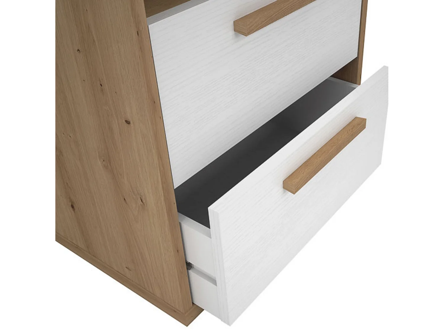 Mesita de Noche 2 cajones y 1 Estante, Mesilla de Noche,Color Blanco y roble, Medidas: 48 cm (Anc) x 33,6 cm (Fon) x 64 cm (Al)