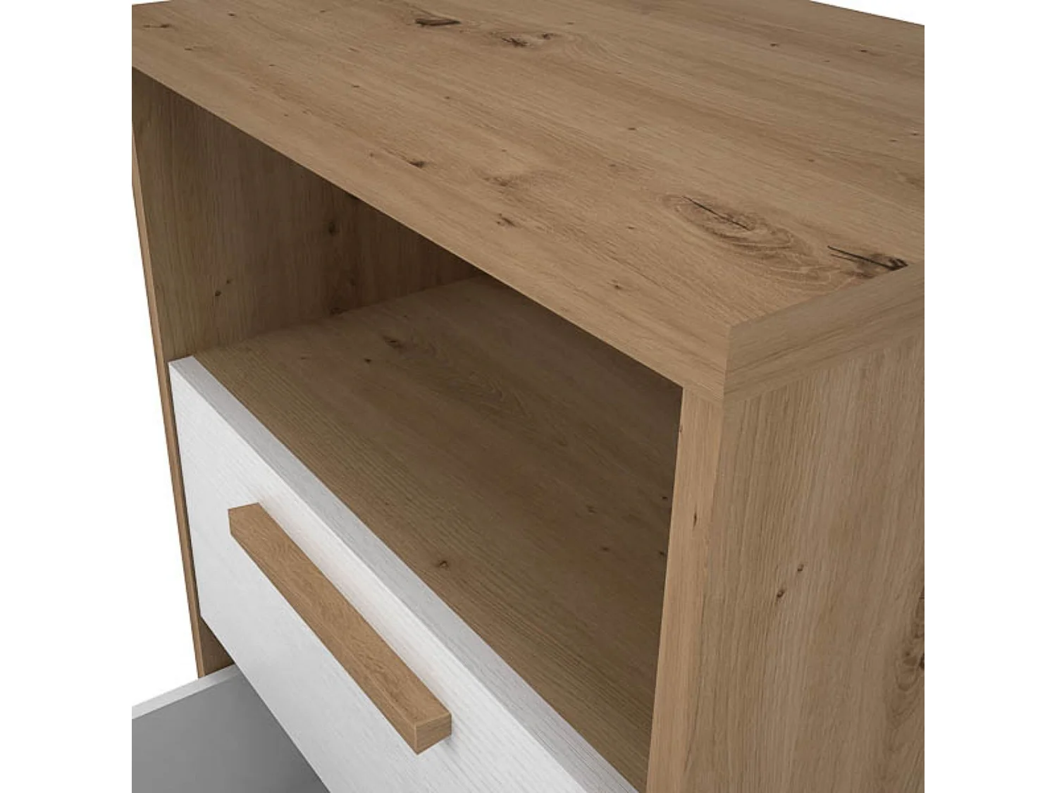 Mesita de Noche 2 cajones y 1 Estante, Mesilla de Noche,Color Blanco y roble, Medidas: 48 cm (Anc) x 33,6 cm (Fon) x 64 cm (Al)