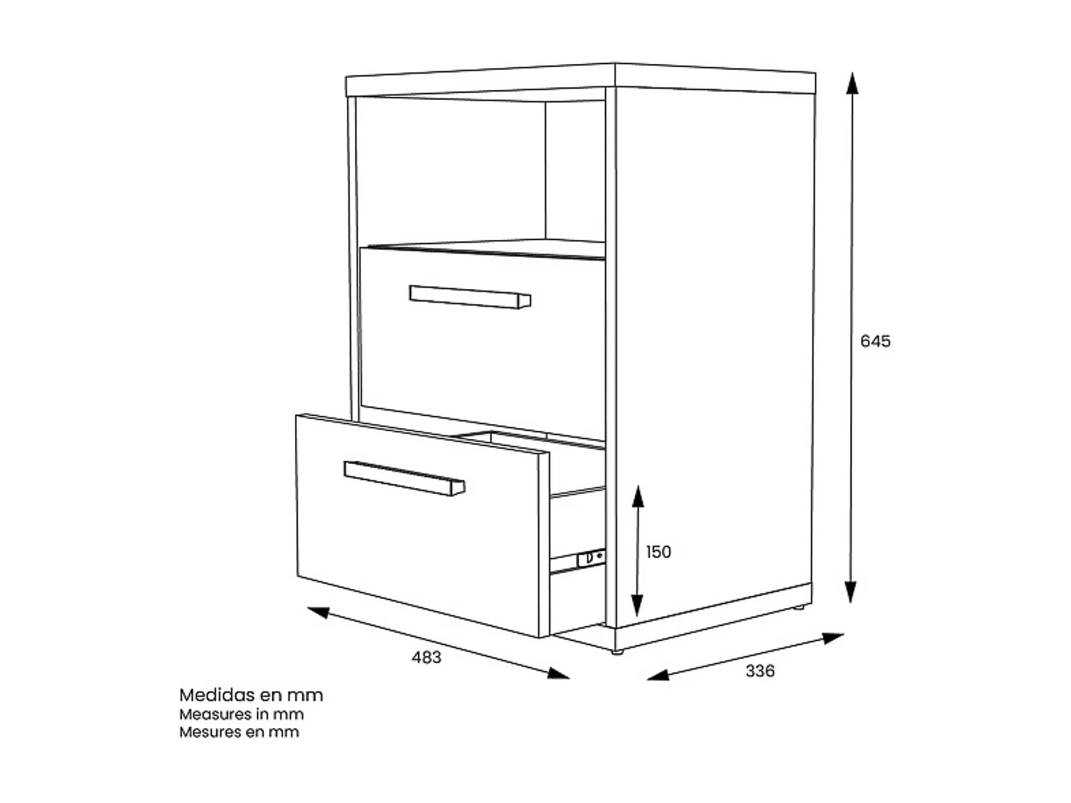 Mesita de Noche 2 cajones y 1 Estante, Mesilla de Noche,Color Blanco y roble, Medidas: 48 cm (Anc) x 33,6 cm (Fon) x 64 cm (Al)