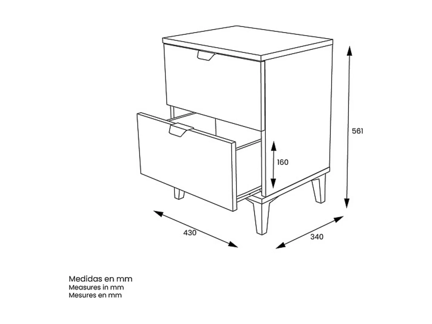 Mesita de Noche 2 cajones, Mesilla de Noche, Color Blanco, Medidas: 43 cm (Ancho) x 34 cm (Fondo) x 56 cm (Alto)