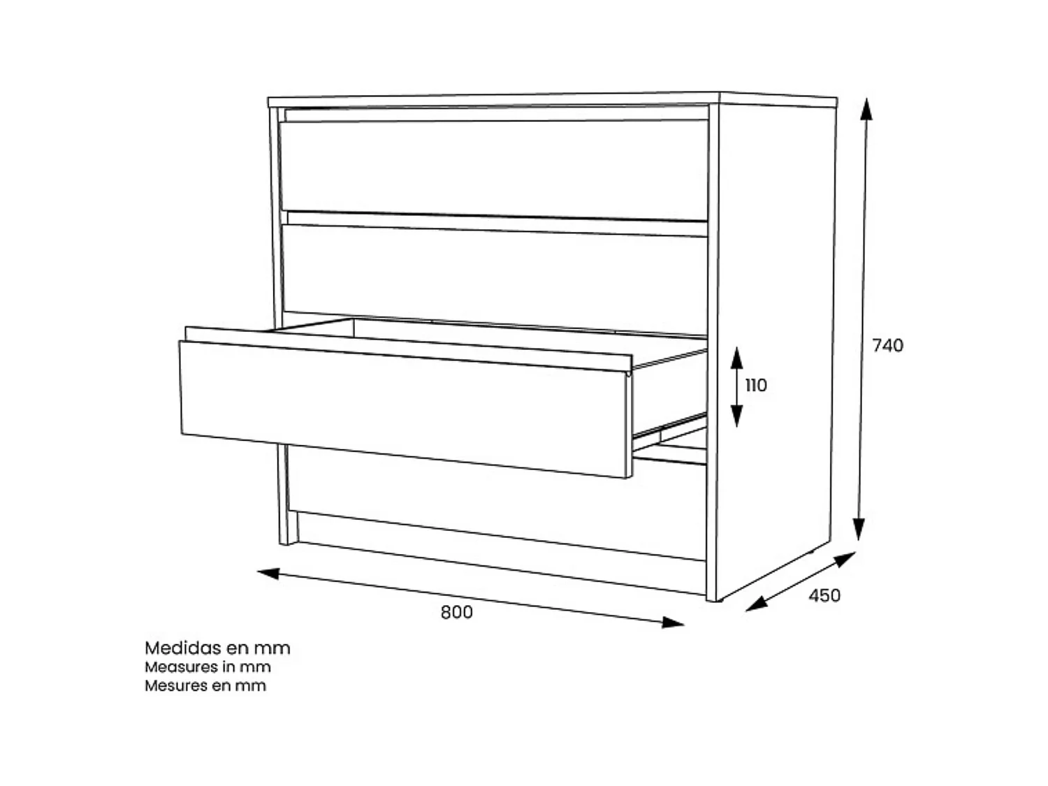 Cómoda Cajonera 4 cajones acabado en blanco. 74cm(alto) 80cm(ancho) 45cm(fondo)