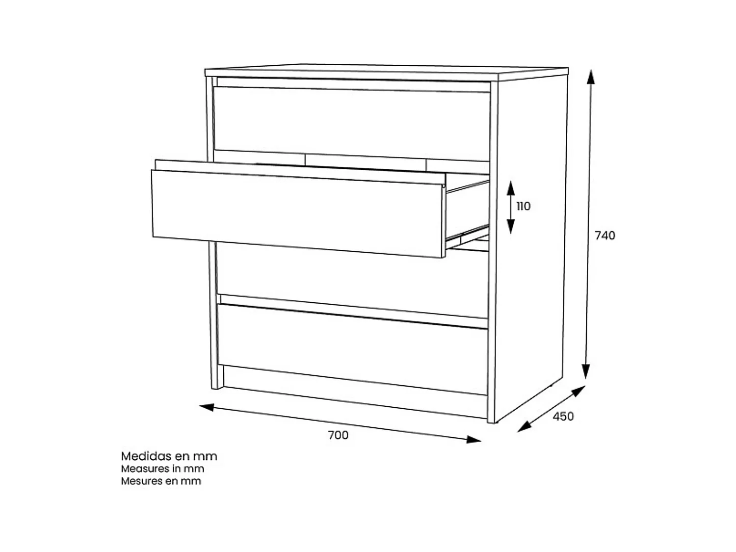 Cómoda Cajonera 4 cajones acabado en blanco. 74cm(alto) 70cm(ancho) 45cm(fondo)