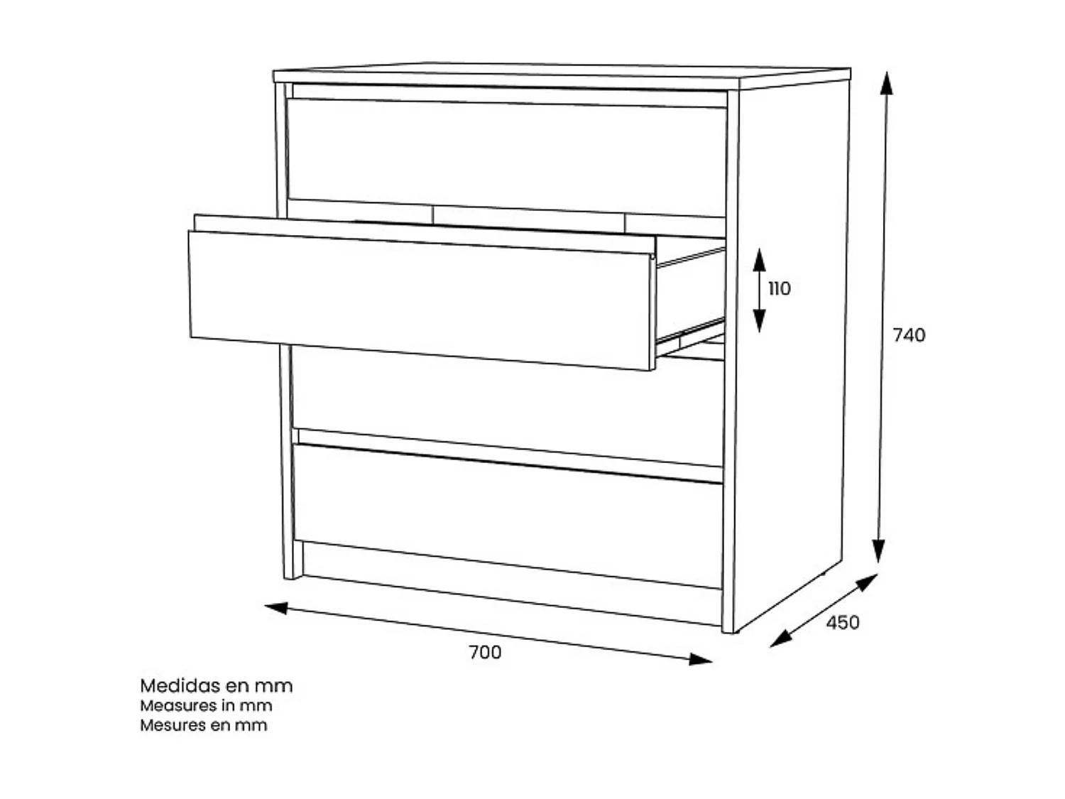 Cómoda Cajonera 4 cajones acabado en blanco. 74cm(alto) 70cm(ancho) 45cm(fondo)