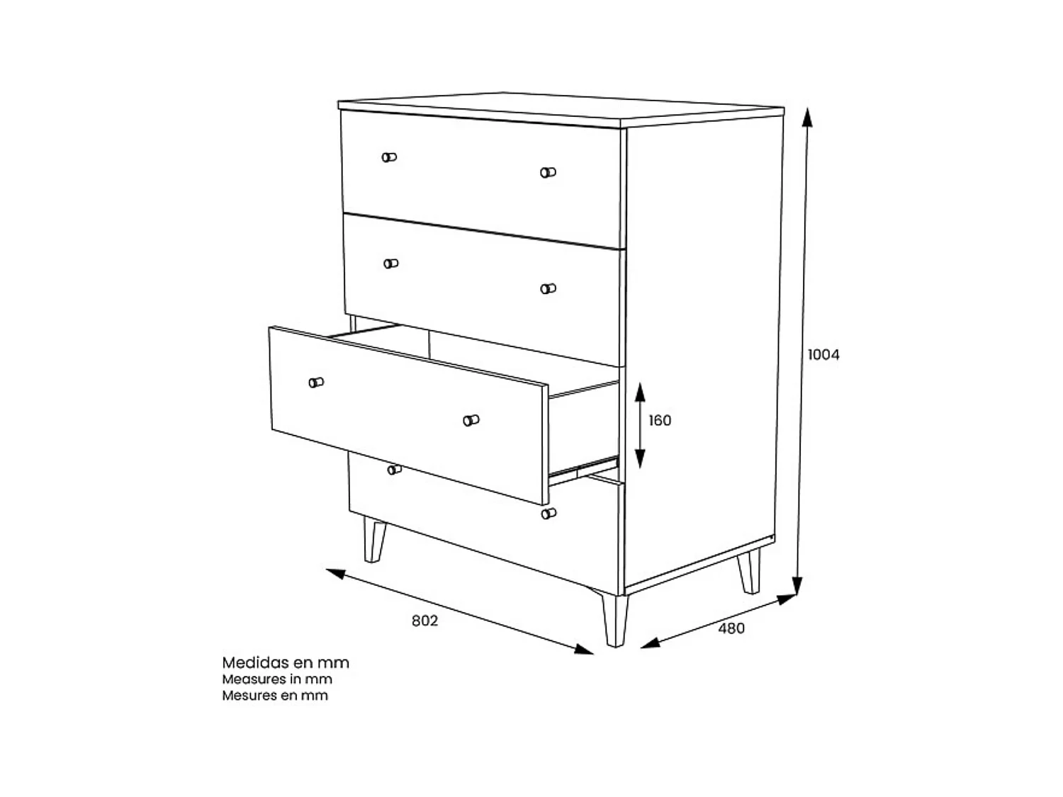 Cómoda con 4 Cajones, para Dormitorio, Acabado en Color Blanco, Medidas: 80 cm (Ancho) x 100 cm (Alto) x 48 cm (Fondo)