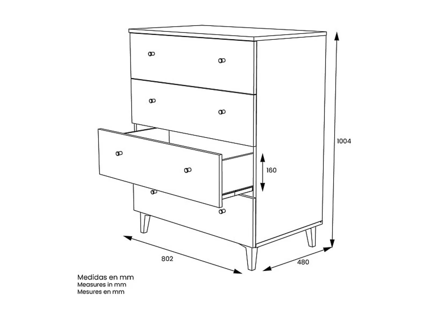 Cómoda con 4 Cajones, para Dormitorio, Acabado en Color Blanco, Medidas: 80 cm (Ancho) x 100 cm (Alto) x 48 cm (Fondo)