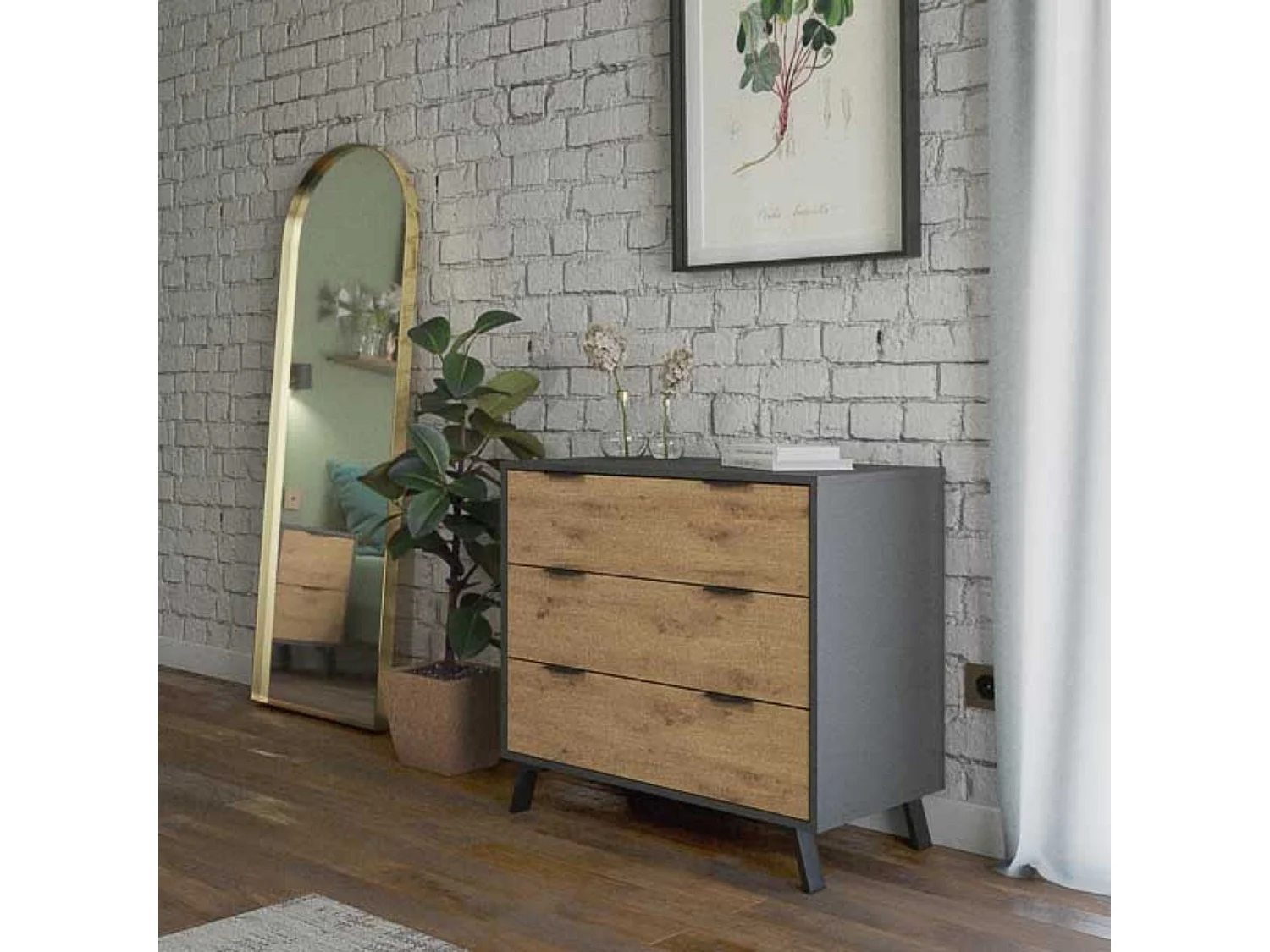 Cómoda con 3 Cajones, para Dormitorio, Acabado en Color Gris/roble, Medidas: 80 cm (Ancho) x 78,2 cm (Alto) x 48 cm (Fondo)