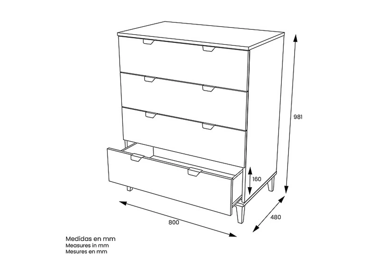 Cómoda con 4 Cajones, para Dormitorio, Acabado en Color Blanco, Medidas: 80 cm (Ancho) x 98 cm (Alto) x 48 cm (Fondo)