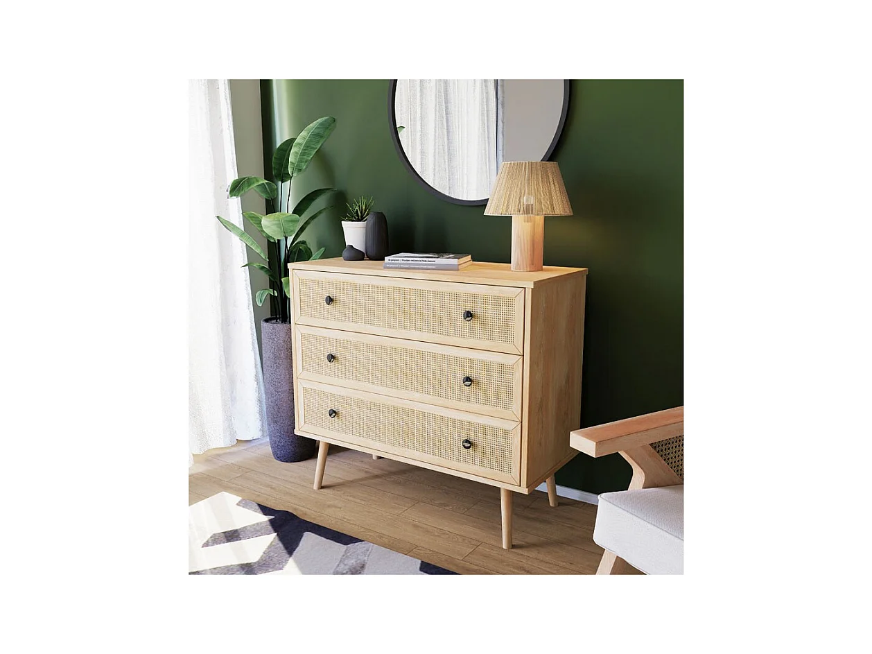 Cómoda de 3 Cajones con Patas de Madera - Color Natural - 90x39x79 cm - Mueble de Almacenamiento para Dormitorio