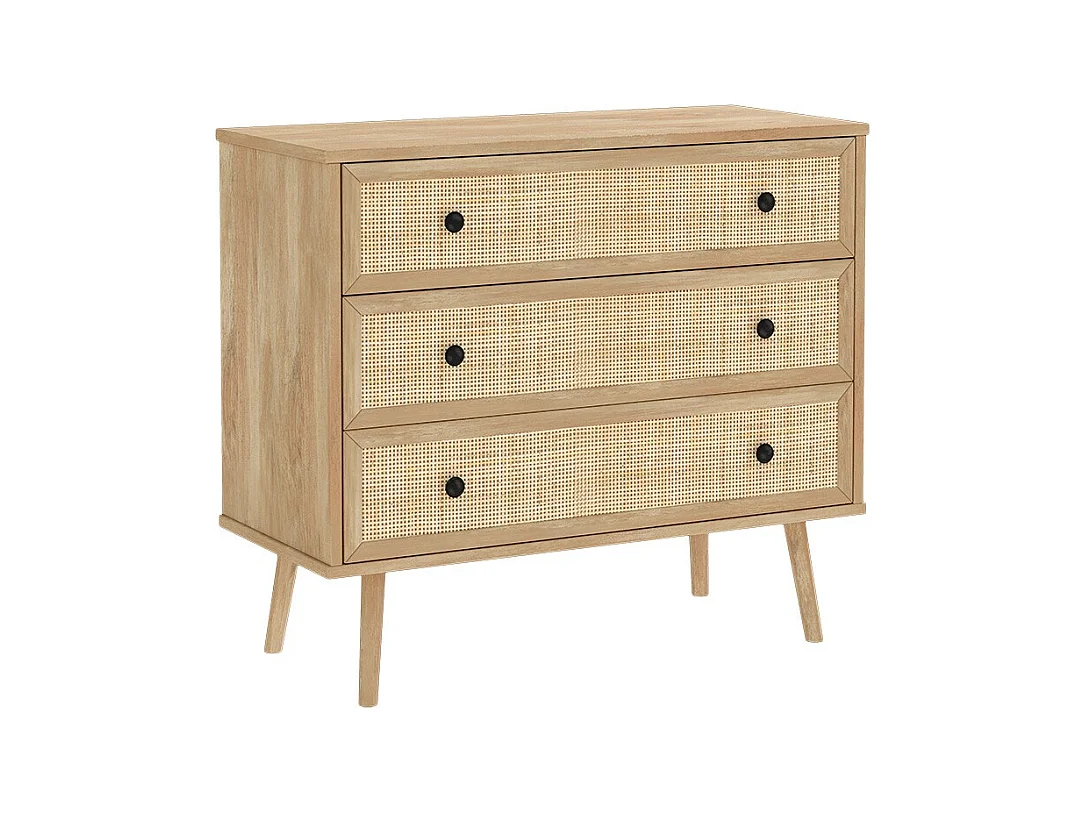 Cómoda de 3 Cajones con Patas de Madera - Color Natural - 90x39x79 cm - Mueble de Almacenamiento para Dormitorio