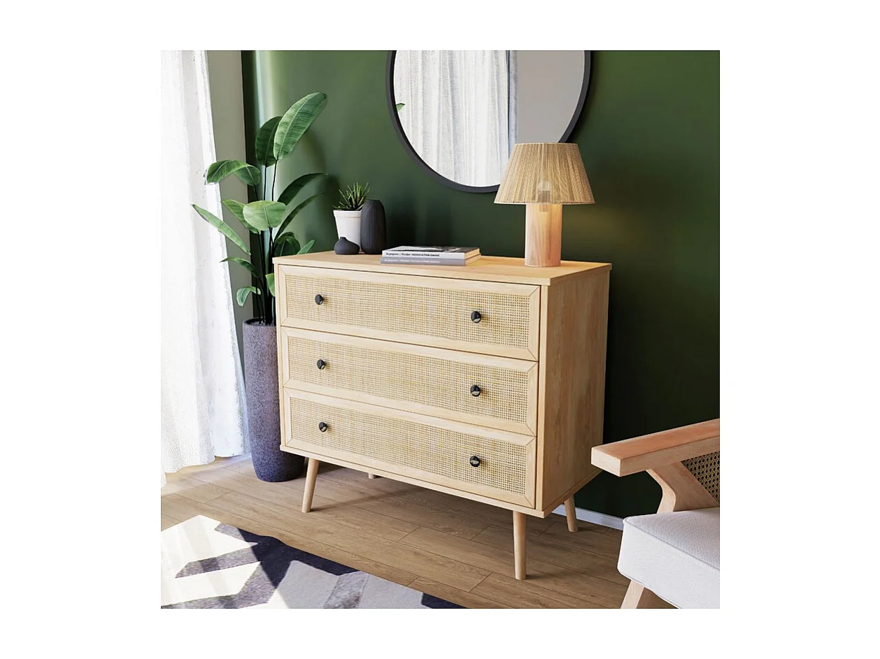 Cómoda de 3 Cajones con Patas de Madera - Color Natural - 90x39x79 cm - Mueble de Almacenamiento para Dormitorio