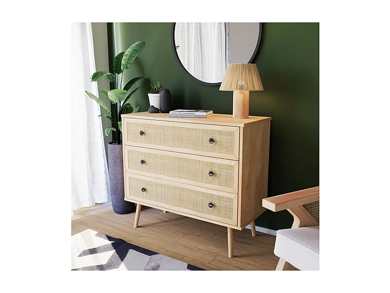 Cómoda de 3 Cajones con Patas de Madera - Color Natural - 90x39x79 cm - Mueble de Almacenamiento para Dormitorio