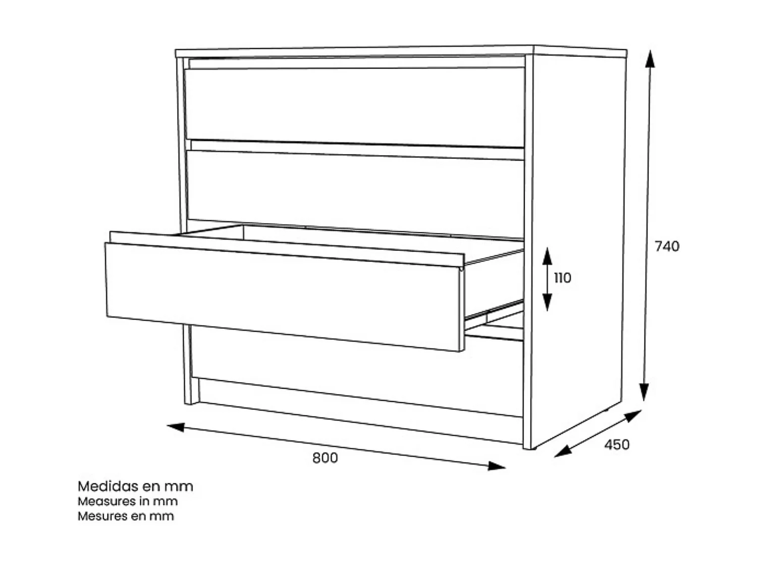 Cómoda Cajonera 4 cajones acabado en Color Roble. 74cm(alto) 80cm(ancho) 45cm(fondo)