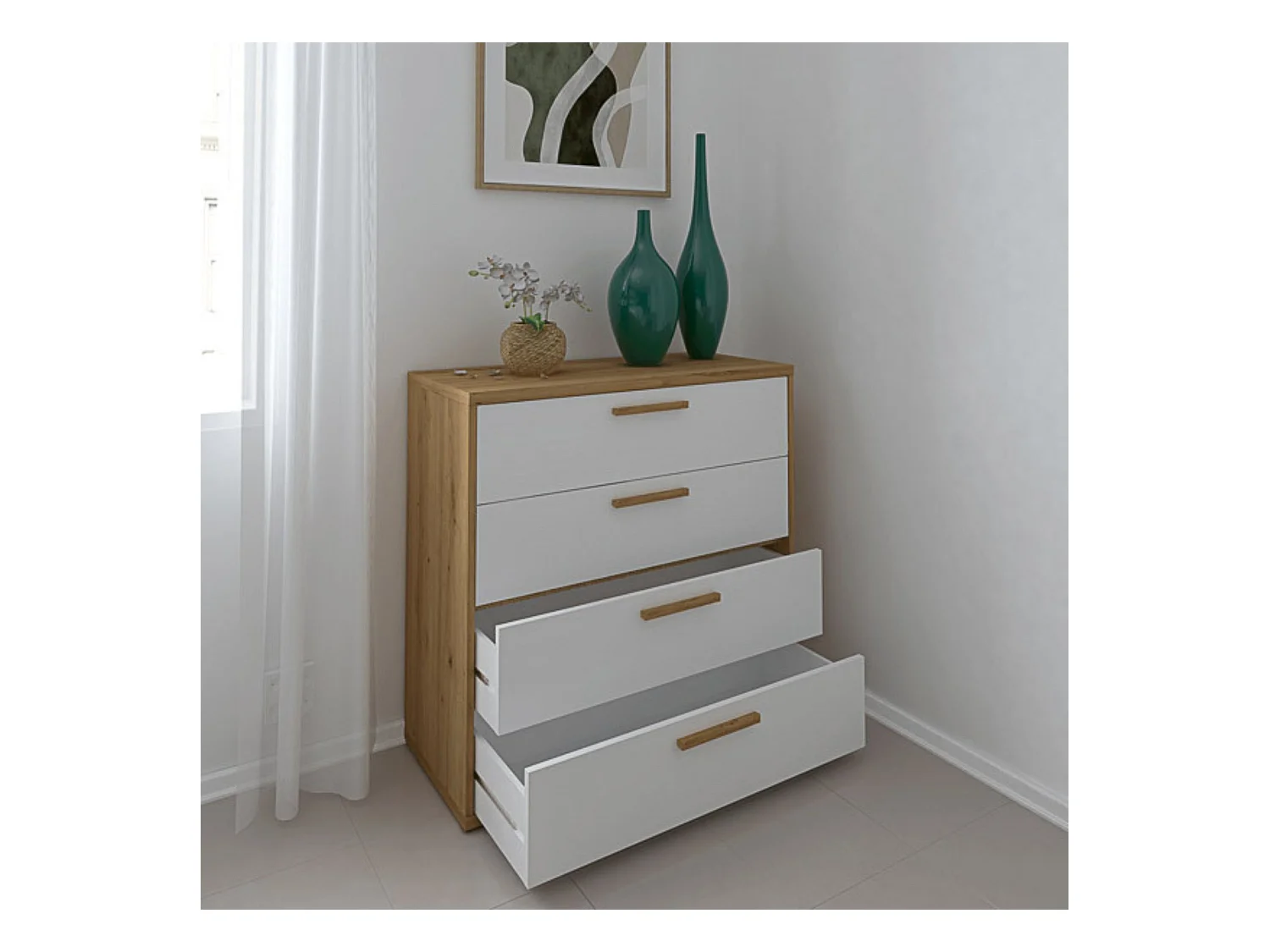 Cómoda con 4 Cajones, para Dormitorio, Acabado en Color Blanco y Roble, Medidas: 88 cm (Ancho) x 86 cm (Alto) x 48 cm (Fondo)