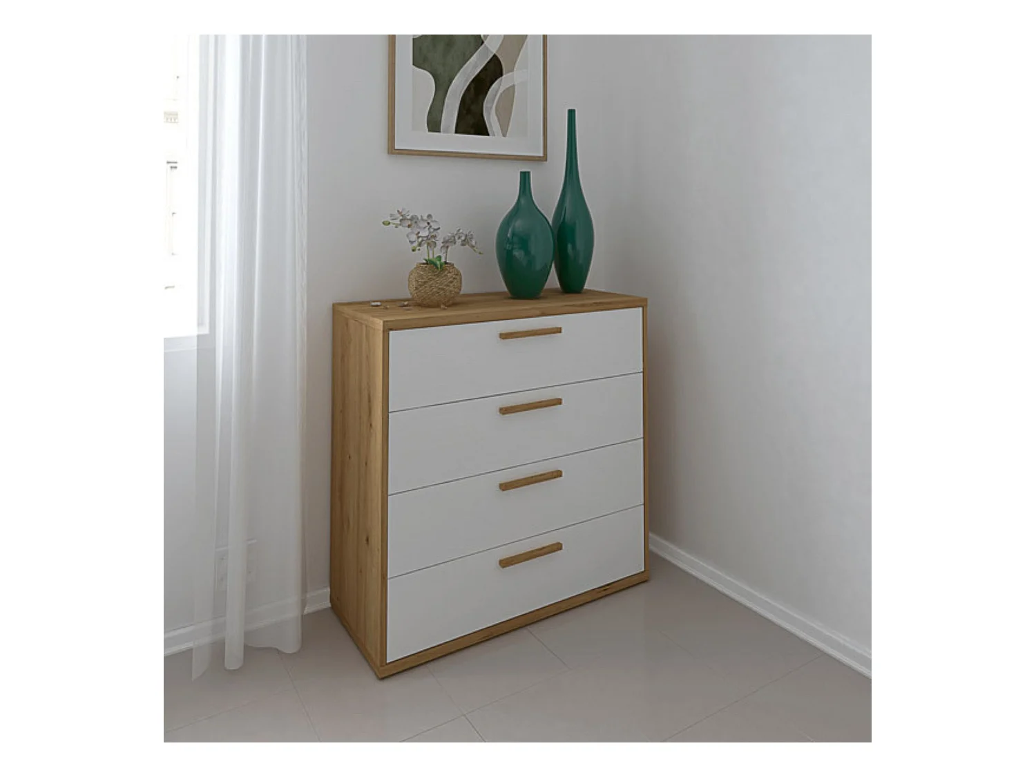 Cómoda con 4 Cajones, para Dormitorio, Acabado en Color Blanco y Roble, Medidas: 88 cm (Ancho) x 86 cm (Alto) x 48 cm (Fondo)