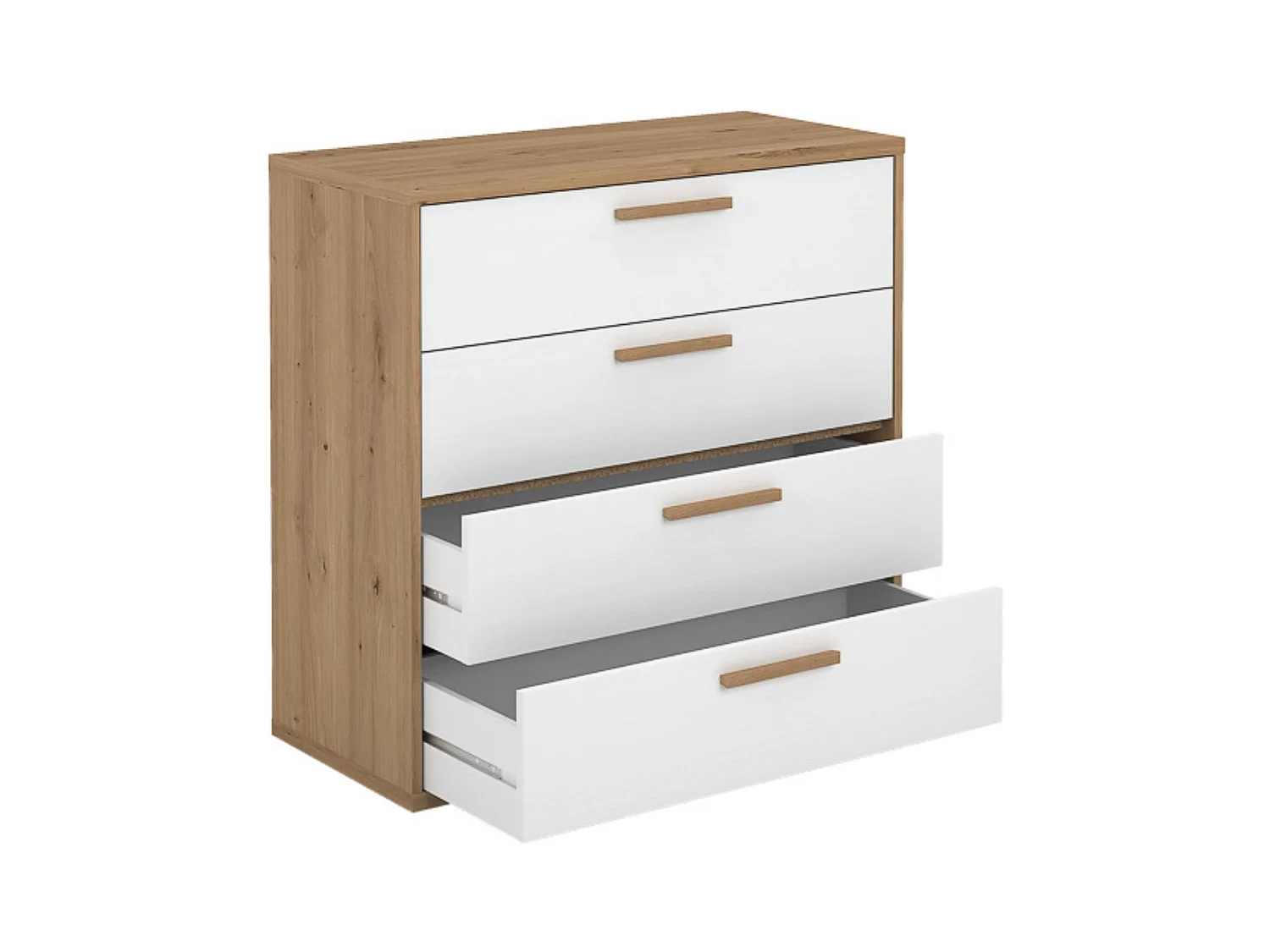 Cómoda con 4 Cajones, para Dormitorio, Acabado en Color Blanco y Roble, Medidas: 88 cm (Ancho) x 86 cm (Alto) x 48 cm (Fondo)