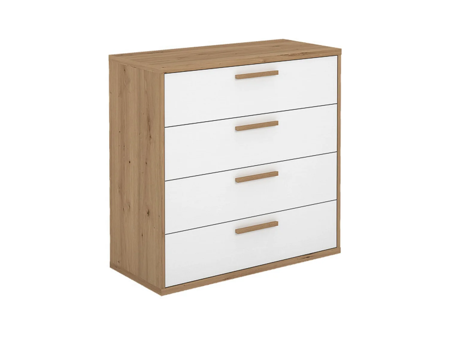 Cómoda con 4 Cajones, para Dormitorio, Acabado en Color Blanco y Roble, Medidas: 88 cm (Ancho) x 86 cm (Alto) x 48 cm (Fondo)