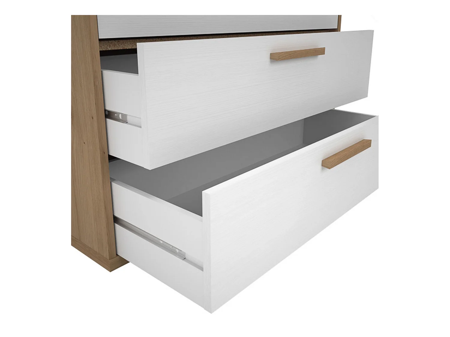 Cómoda con 4 Cajones, para Dormitorio, Acabado en Color Blanco y Roble, Medidas: 88 cm (Ancho) x 86 cm (Alto) x 48 cm (Fondo)