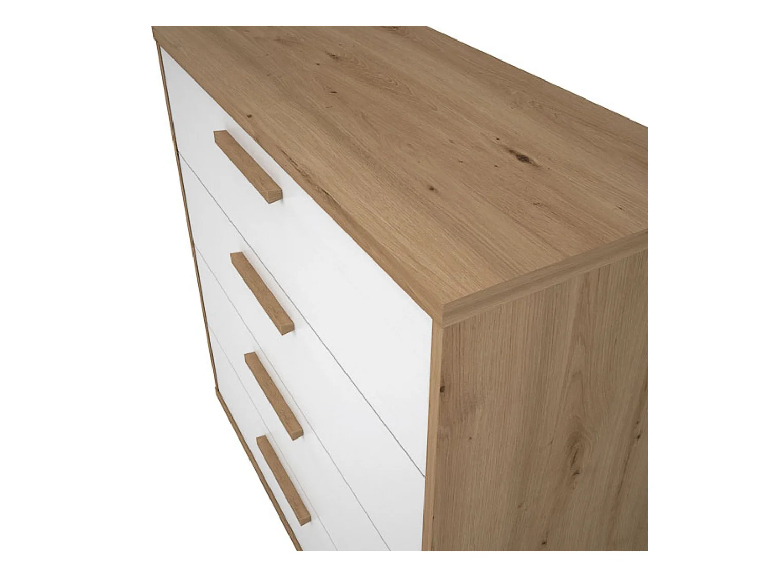 Cómoda con 4 Cajones, para Dormitorio, Acabado en Color Blanco y Roble, Medidas: 88 cm (Ancho) x 86 cm (Alto) x 48 cm (Fondo)