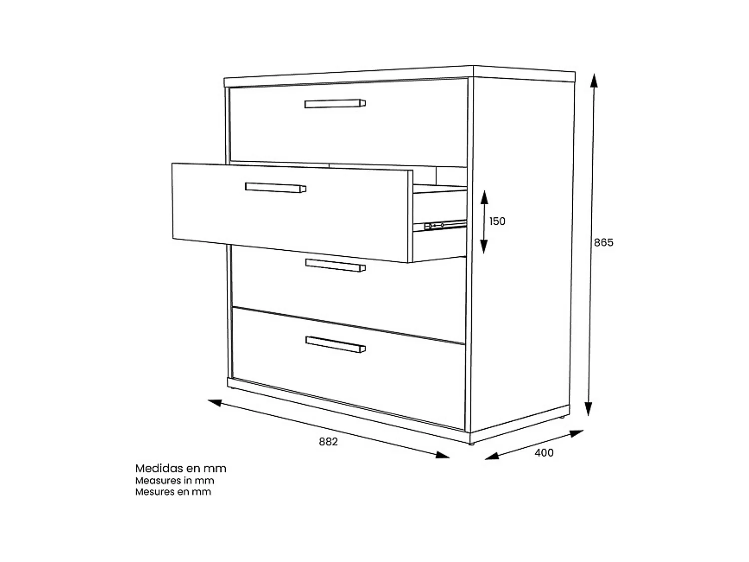Cómoda con 4 Cajones, para Dormitorio, Acabado en Color Blanco y Roble, Medidas: 88 cm (Ancho) x 86 cm (Alto) x 48 cm (Fondo)