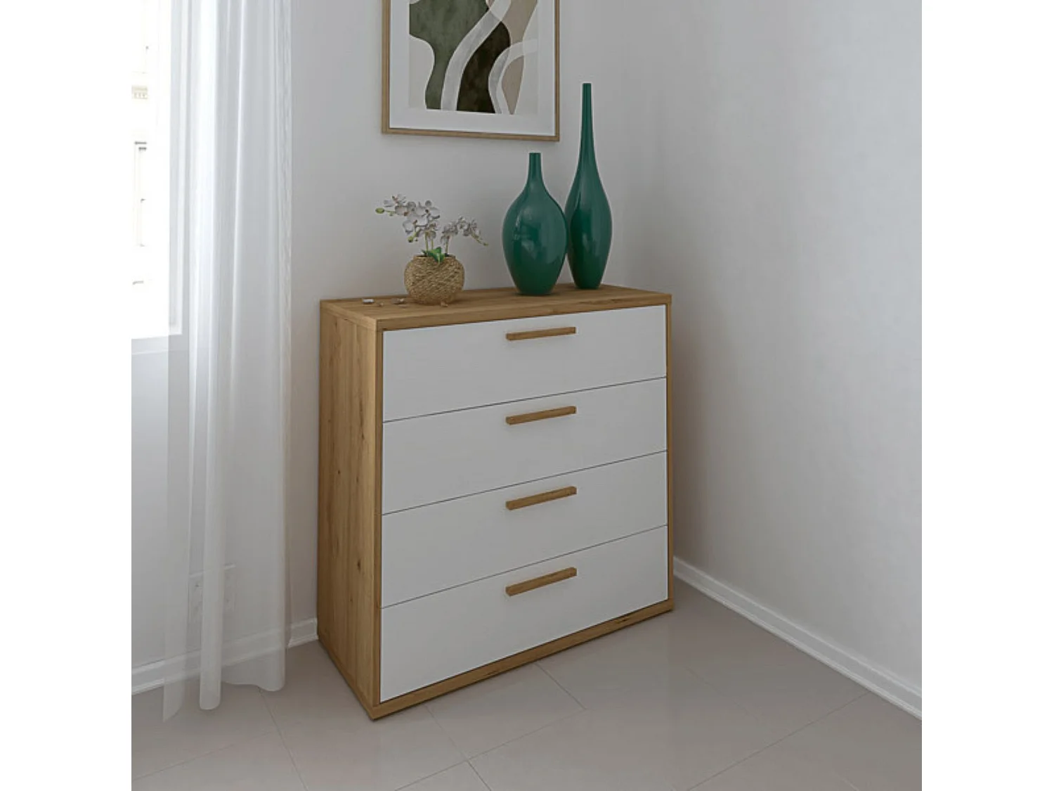 Cómoda con 4 Cajones, para Dormitorio, Acabado en Color Blanco y Roble, Medidas: 88 cm (Ancho) x 86 cm (Alto) x 48 cm (Fondo)