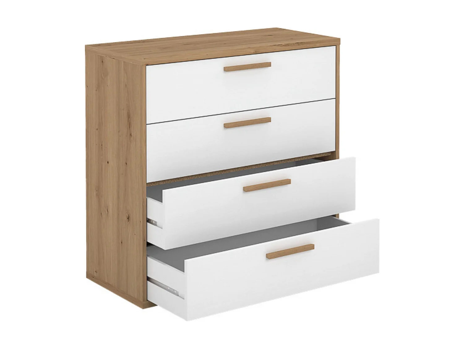 Cómoda con 4 Cajones, para Dormitorio, Acabado en Color Blanco y Roble, Medidas: 88 cm (Ancho) x 86 cm (Alto) x 48 cm (Fondo)