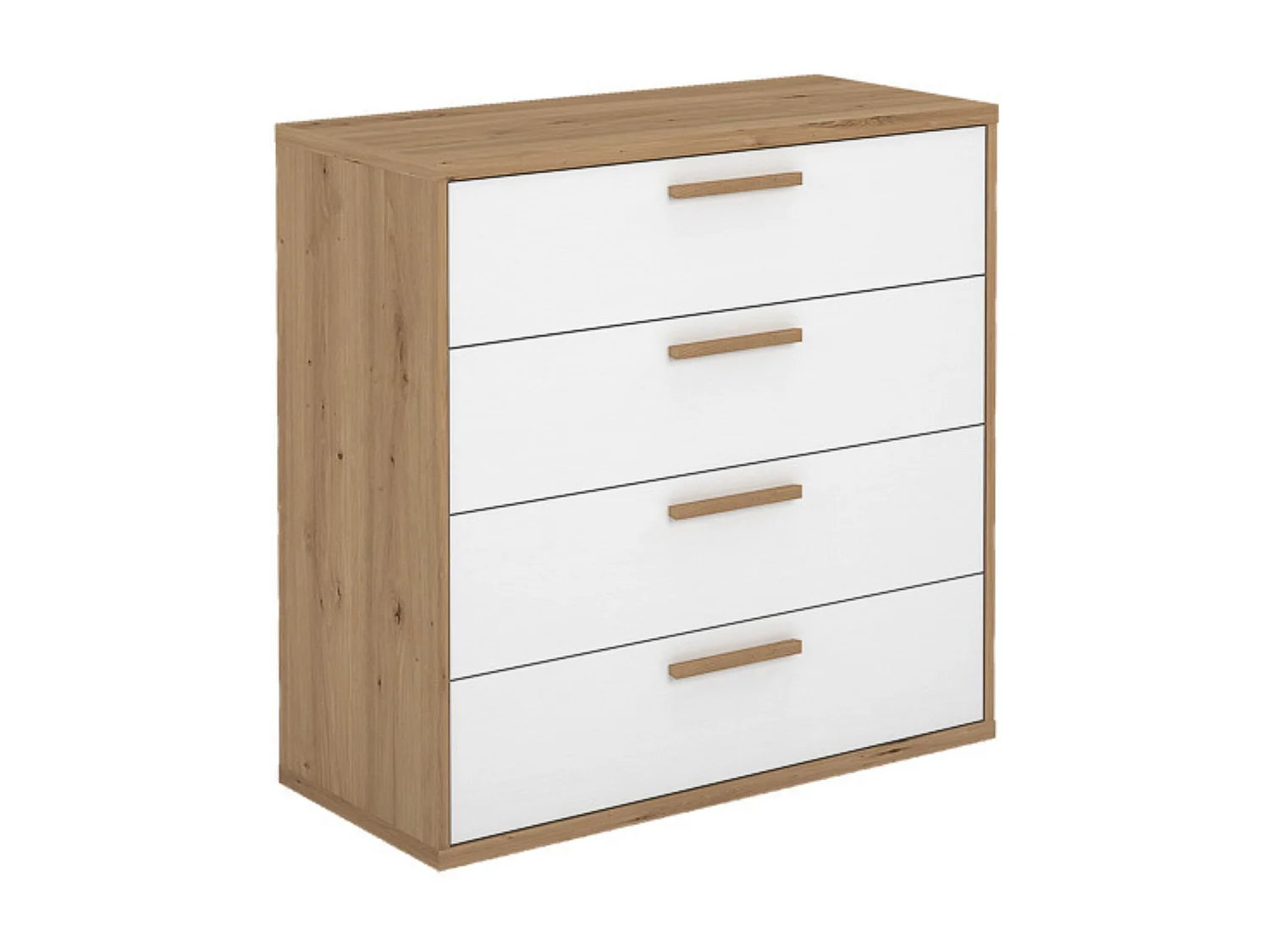 Cómoda con 4 Cajones, para Dormitorio, Acabado en Color Blanco y Roble, Medidas: 88 cm (Ancho) x 86 cm (Alto) x 48 cm (Fondo)