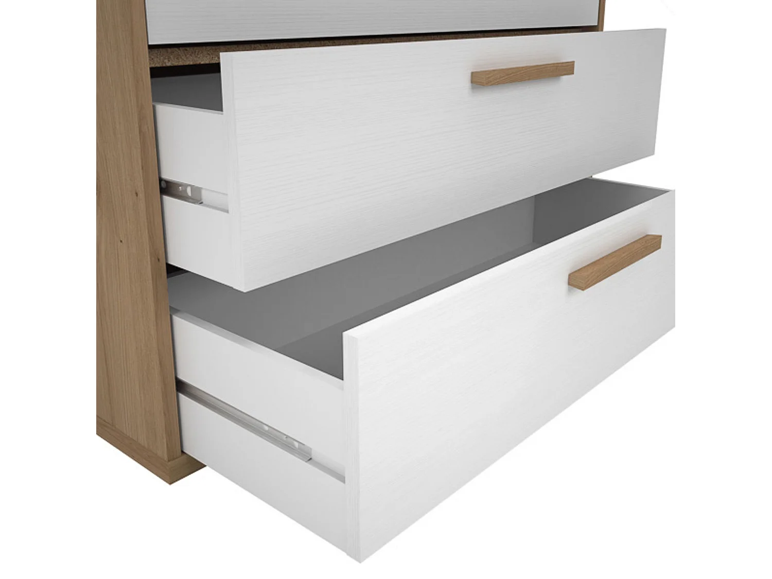 Cómoda con 4 Cajones, para Dormitorio, Acabado en Color Blanco y Roble, Medidas: 88 cm (Ancho) x 86 cm (Alto) x 48 cm (Fondo)