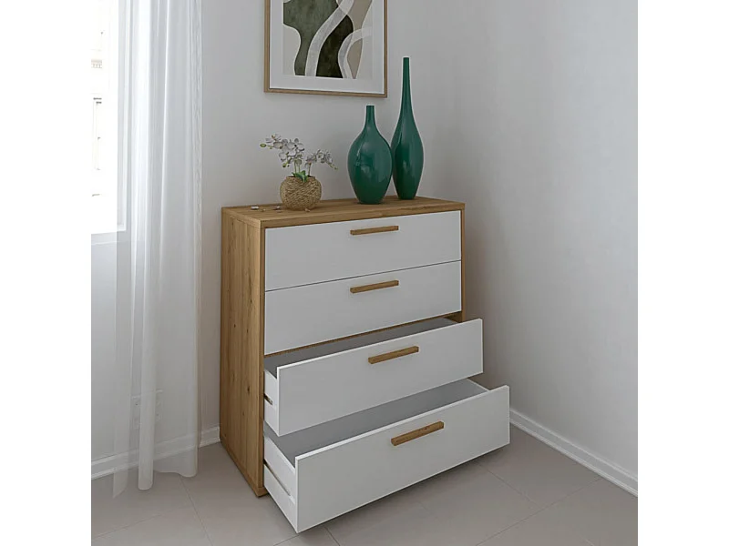 Cómoda con 4 Cajones, para Dormitorio, Acabado en Color Blanco y Roble, Medidas: 88 cm (Ancho) x 86 cm (Alto) x 48 cm (Fondo)